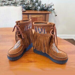 Suede Moccasin Ankle Boots-BOHO/Western-Fringed & Embroidered-sz 7
